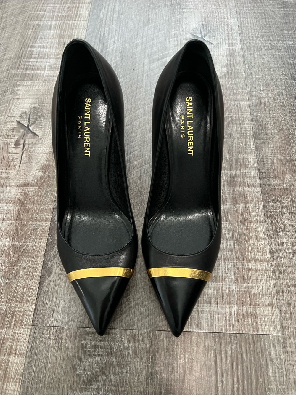 SAINT LAURENT Janis Gold Trimmed cap-toe pumps